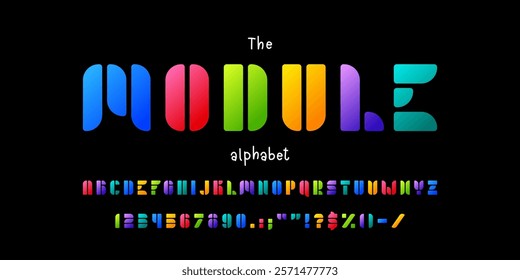 Modern kids font or module playful type for child typeface, vector English bold alphabet. Kids font type of module letters with color gradient for playful typography and toy game ABC typeface