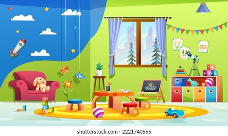 Modern kids playroom interior design. Kindergarten classroom with furniture, stationery and toys cartoon illustration