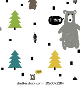 Modern kids scandinavian seamless pattern with gray and brown bears, pine and fir cones, yellow, green, blue spruce. Simple cute nordic illustrations of endless forest on white background.