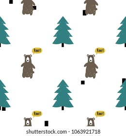 Modern kids scandinavian seamless pattern with brown bear and blue spruce. Simple cute nordic illustrations on white background.