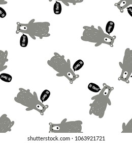 Modern kids scandinavian seamless pattern with gray bear greets - hi there. Simple cute nordic illustrations on white background.