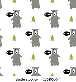 Modern kids scandinavian seamless pattern with gray bear and green spruce or fir tree. Simple cute nordic illustrations on white background.