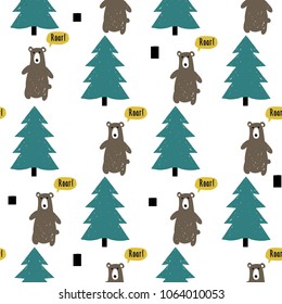 Modern kids scandinavian seamless pattern with brown bear and blue spruce. Simple cute nordic illustrations on white background.