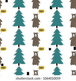 Modern kids scandinavian seamless pattern with brown bear and blue spruce. Simple cute nordic illustrations on white background.