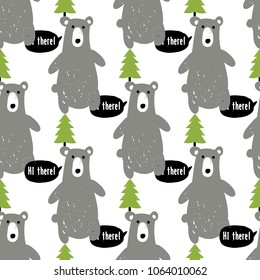Modern kids scandinavian seamless pattern with gray bear and green spruce or fir tree. Simple cute nordic illustrations on white background.