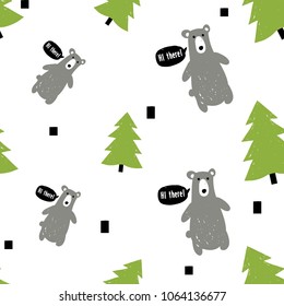 Modern kids scandinavian seamless pattern with gray bear and green spruce or fir tree. Simple cute nordic illustrations on white background.