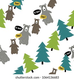 Modern kids scandinavian seamless pattern of magic forest with funny bears, color spruces or fir-trees. Simple cute nordic bear and forest illustrations on white background.