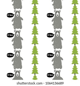 Modern kids scandinavian seamless pattern with gray bear and green spruce or fir tree. Simple cute nordic illustrations on white background.