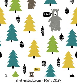 Modern kids scandinavian seamless pattern with gray and brown bears, pine and fir cones, yellow, green, blue spruce. Simple cute nordic illustrations of endless forest on white background.