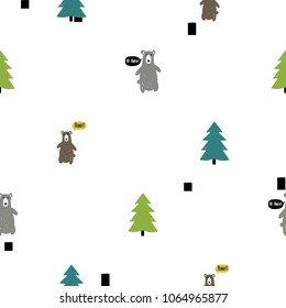 Modern kids scandinavian seamless pattern of magic forest with funny bears, color spruces or fir-trees. Simple cute nordic bear and forest illustrations on white background.