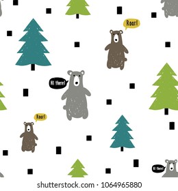 Modern kids scandinavian seamless pattern of magic forest with funny bears, color spruces or fir-trees. Simple cute nordic bear and forest illustrations on white background.