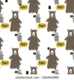 Modern kids scandinavian seamless pattern with gray and brown bears. Simple cute nordic illustrations with bear on white background.