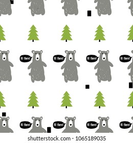 Modern kids scandinavian seamless pattern with gray bear and green spruce or fir tree. Simple cute nordic illustrations on white background.