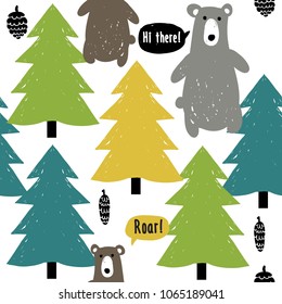 Modern kids scandinavian seamless pattern with gray and brown bears, pine and fir cones, yellow, green, blue spruce. Simple cute nordic illustrations of endless forest on white background.