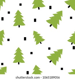 Modern kids scandinavian seamless pattern with green spruce or Christmas tree. Simple cute nordic illustrations on white background.