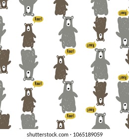 Modern kids scandinavian seamless pattern with gray and brown bears. Simple cute nordic illustrations with bear on white background.