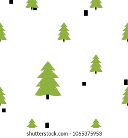 Modern kids scandinavian seamless pattern with green spruce or Christmas tree. Simple cute nordic illustrations on white background.
