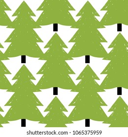 Modern kids scandinavian seamless pattern with green spruce or Christmas tree. Simple cute nordic illustrations on white background.
