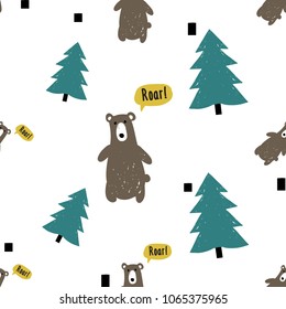 Modern kids scandinavian seamless pattern with brown bear and blue spruce. Simple cute nordic illustrations on white background.
