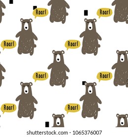 Modern kids scandinavian seamless pattern with brown bear. Simple cute nordic illustrations on white background.