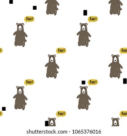 Modern kids scandinavian seamless pattern with brown bear. Simple cute nordic illustrations on white background.