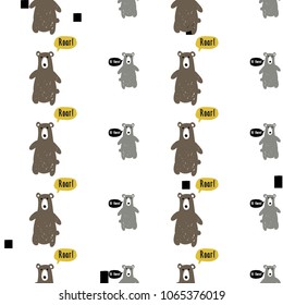 Modern kids scandinavian seamless pattern with gray and brown bears. Simple cute nordic illustrations with bear on white background.