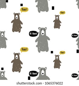 Modern kids scandinavian seamless pattern with gray and brown bears. Simple cute nordic illustrations with bear on white background.