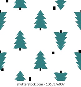 Modern kids scandinavian seamless pattern with blue spruce. Simple cute nordic forest illustrations on white background.