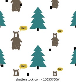 Modern kids scandinavian seamless pattern with brown bear and blue spruce. Simple cute nordic illustrations on white background.