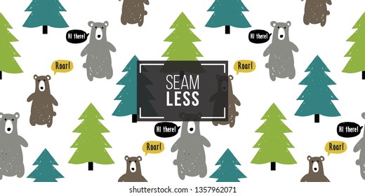 Modern kids scandinavian seamless pattern of magic forest with funny bears, color spruces or fir-trees. Simple cute nordic bear and forest illustrations on white background.
