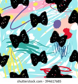 Modern kids seamless pattern with bow. Hand drawn graphic with cute minimalistic scandinavian cartoon elements on color artistic watercolor background