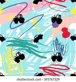 Modern kids seamless pattern with car and tractor. Hand drawn graphic with cute minimalistic scandinavian cartoon elements on color artistic watercolor background