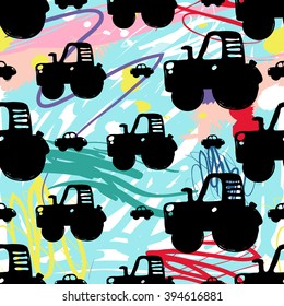 Modern kids seamless pattern with car and tractor. Hand drawn graphic with cute minimalistic scandinavian cartoon elements on color artistic watercolor background