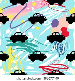 Modern kids seamless pattern with car. Hand drawn graphic with cute minimalistic scandinavian cartoon elements on color artistic watercolor background
