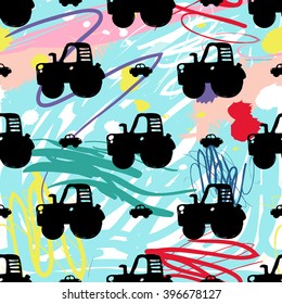 Modern kids seamless pattern with car and tractor. Hand drawn graphic with cute minimalistic scandinavian cartoon elements on color artistic watercolor background