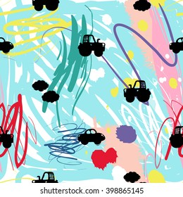 Modern kids seamless pattern with car, cloud, tractor, footprint. Hand drawn graphic with cute minimalistic scandinavian cartoon elements on color artistic watercolor background