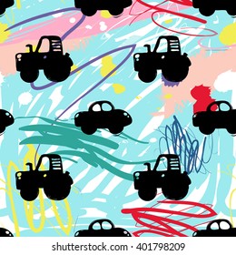 Modern kids seamless pattern with car and tractor. Hand drawn graphic with cute minimalistic scandinavian cartoon elements on color artistic watercolor background