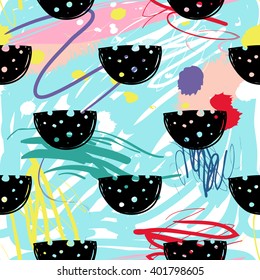 Modern kids seamless pattern with cheese. Hand drawn graphic with cute minimalistic scandinavian cartoon elements on color artistic watercolor background