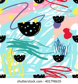 Modern kids seamless pattern with cheese. Hand drawn graphic with cute minimalistic scandinavian cartoon elements on color artistic watercolor background