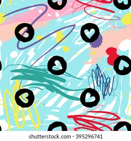 Modern kids seamless pattern with circle heart. Hand drawn graphic with cute minimalistic scandinavian cartoon elements on color artistic watercolor background