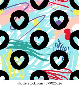 Modern kids seamless pattern with circle heart. Hand drawn graphic with cute minimalistic scandinavian cartoon elements on color artistic watercolor background