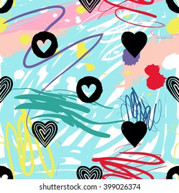 Modern kids seamless pattern with circle heart, line heart, heart. Hand drawn graphic with cute minimalistic scandinavian cartoon elements on color artistic watercolor background