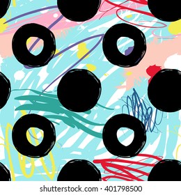 Modern kids seamless pattern with circle and dot. Hand drawn graphic with cute minimalistic scandinavian cartoon elements on color artistic watercolor background
