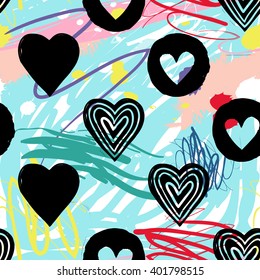 Modern kids seamless pattern with circle heart, line heart, heart. Hand drawn graphic with cute minimalistic scandinavian cartoon elements on color artistic watercolor background