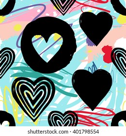 Modern kids seamless pattern with circle heart, line heart, heart. Hand drawn graphic with cute minimalistic scandinavian cartoon elements on color artistic watercolor background
