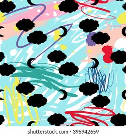 Modern kids seamless pattern with cloud and new moon. Hand drawn graphic with cute minimalistic scandinavian cartoon elements on color artistic watercolor background