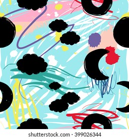 Modern kids seamless pattern with cloud, new moon, moon, circle, dot. Hand drawn graphic with cute minimalistic scandinavian cartoon elements on color artistic watercolor background