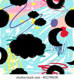 Modern kids seamless pattern with cloud, new moon, moon, circle, dot. Hand drawn graphic with cute minimalistic scandinavian cartoon elements on color artistic watercolor background