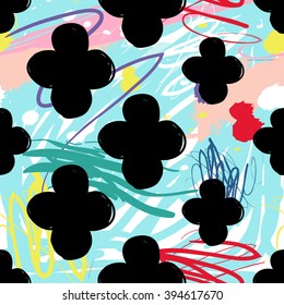 Modern kids seamless pattern with clover. Hand drawn graphic with cute minimalistic scandinavian cartoon elements on color artistic watercolor background