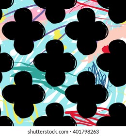 Modern kids seamless pattern with clover. Hand drawn graphic with cute minimalistic scandinavian cartoon elements on color artistic watercolor background